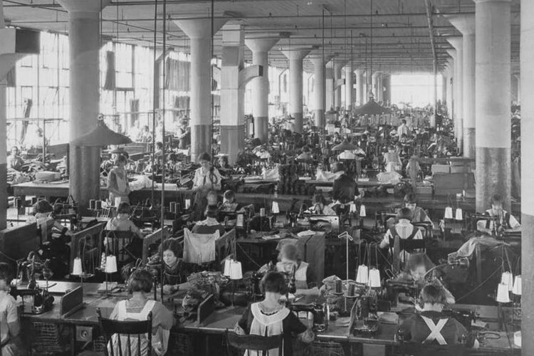 Richman Bros. Co. factory workers at sewing machines in 1929